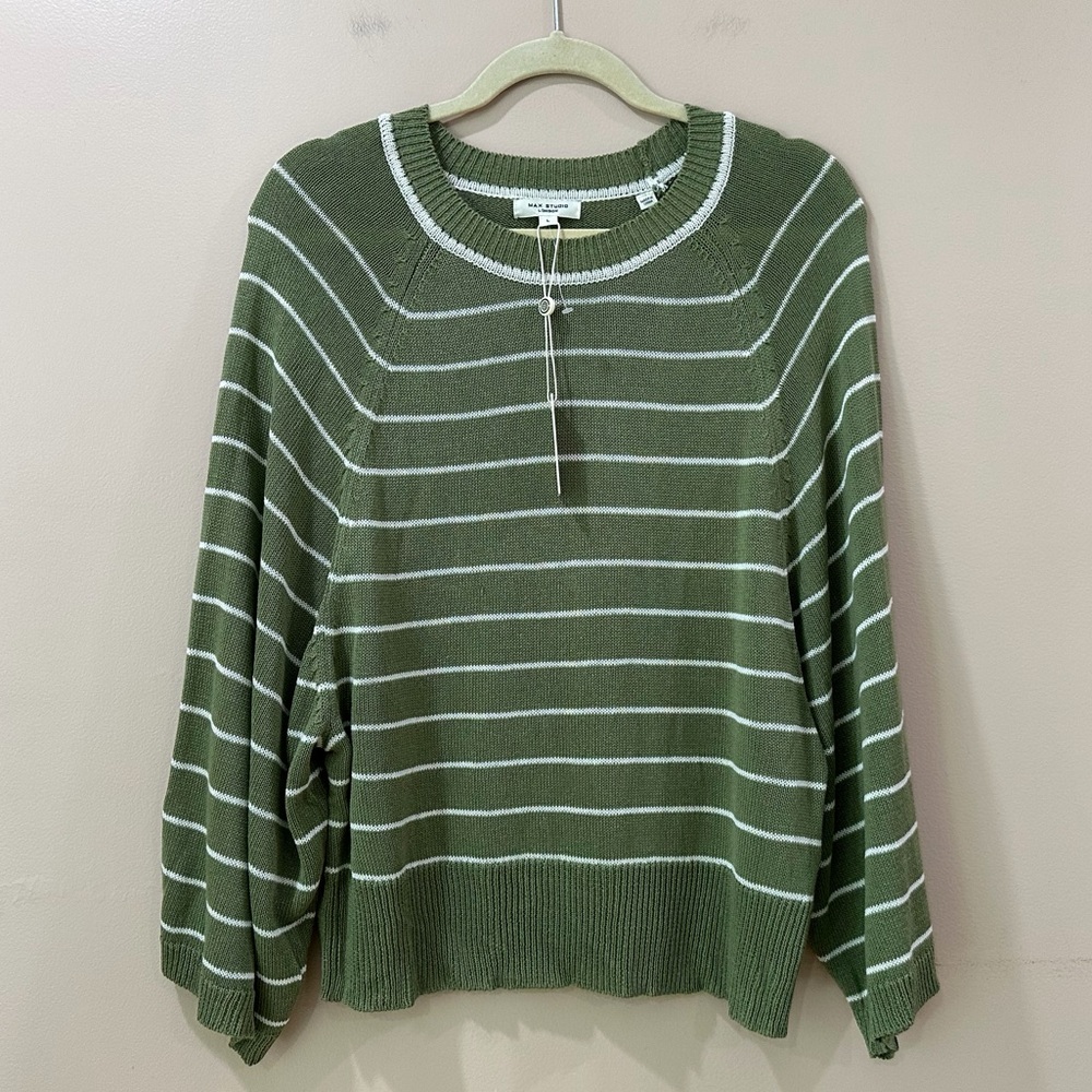 NWT Max Studio London Green Ivory Striped Raglan Bell Sleeve Sweater Women L